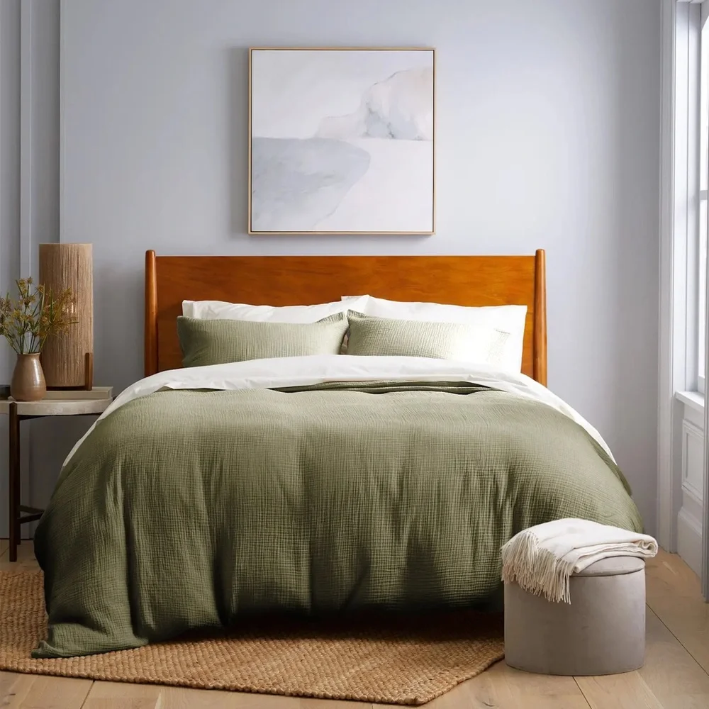 QUINCE Organic Airy Gauze Duvet Cover Set Full/Queen Olive 6664 - Picture 3 of 13